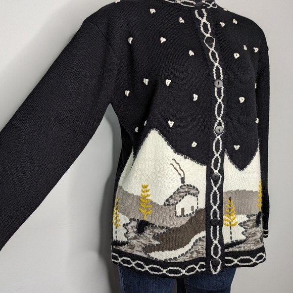 Vintage Joyce Black White Winter Mountain Home Button Up Cardigan Sweater L - Picture 4 of 9